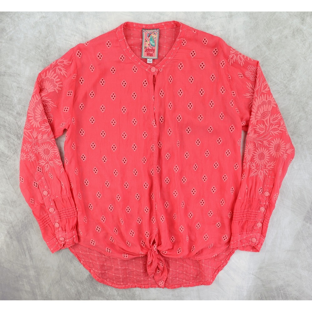 Johnny Was Anya Embroidered Eyelet Top Womens S Coral Pink BOHO Tie Front Beachy